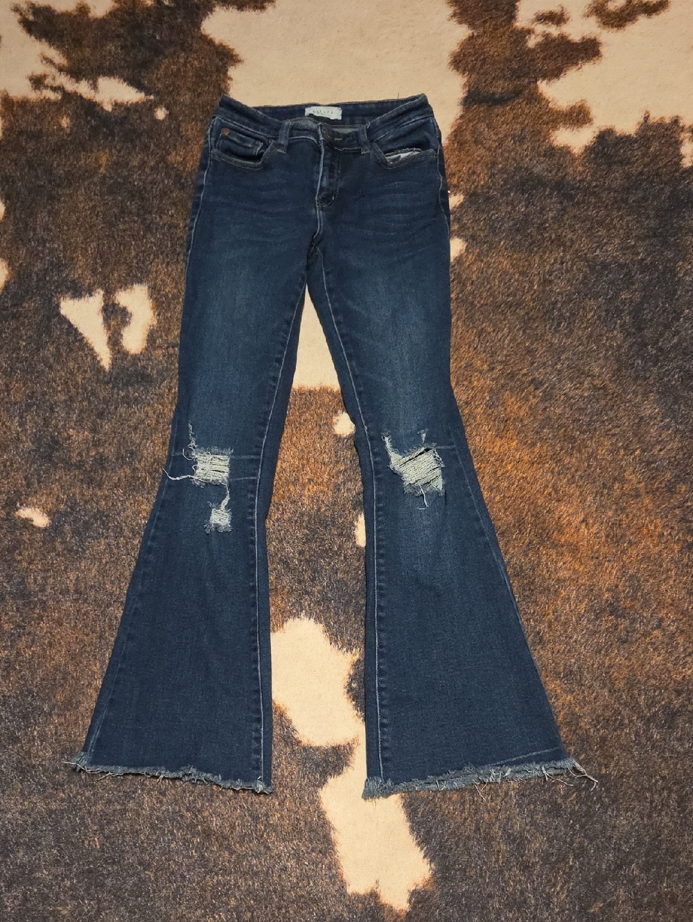 Dark Blue Distressed Flare Jeans - Women